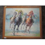 An oil painting, L A, horse racing interest, indistinctly signed, 50 x 60cm, framed