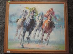 An oil painting, L A, horse racing interest, indistinctly signed, 50 x 60cm, framed