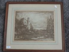 A watercolour, sepia, Continental landscape, 28 x 36cm, plus frame and glazed