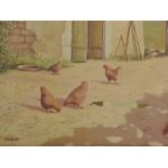 An oil painting on board, Ian Parker, farmyard hens, 34 x 43cm, plus frame and glazed