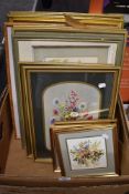 A selection of pictures and picture frames including botanical prints