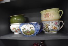 Five antique chamber pots including transfer printed and Spode etc