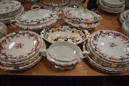 A selection of antique plates and tureens having swag and floral transfer pattern with gilt