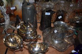 A selection of plated wares including tea set and fine water jugs