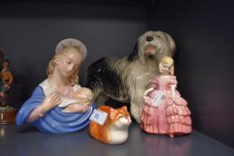 Four ceramic figurines including English sheep dog Royal Doulton Rose Jesus Christ and decorated