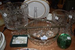 A selection of glass including fruit bowl,jug and vase also a large tazza or similar with