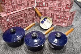 A set of three graduated lidded cooking pans by Chasseur and similar sauce pan all as new with box