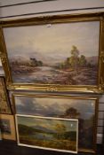 Three prints of mountain landscapes one in a large gilt and gesso style frame