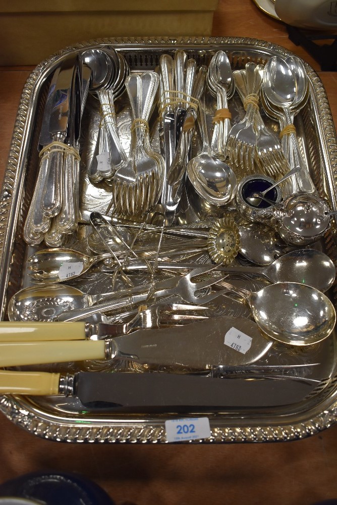 A tray containing an array of plated flat ware, sugar nips, cruet and more.