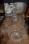 A selection of clear cut glass wares including Waterford decanter and Webb sundae dessert dishes