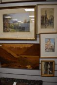 Three prints and a water colour also a veneer picture of mountain landscape