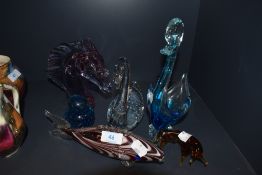 Six art glass figures including swan horse fish etc