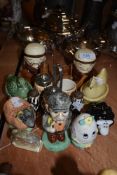 A selection of various cruet sets including monk sheep and duck nest