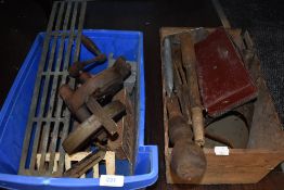 A collection of mixed vintage tools and hardware including scoops,scales and more.