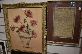 An antique needlework sampler of numbers and alphabet dated 1846 and a similar example of floral
