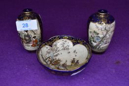 Three pieces of highly decorated Japanese satsuma Meiji period ceramics, cobalt blue glaze with gilt