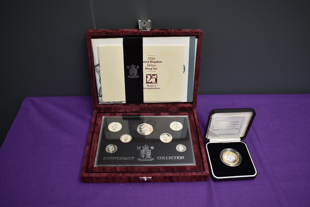 A UK Silver Proof Piedfort Two Pound Rugby World Cup 1999 Coin and a 1996 Silver Anniversary of
