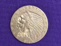 A USA Gold 1915 Indian Head Quarter Eagle Coin (2 1/2 Dollars)