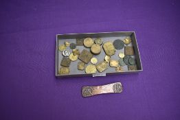 A collection of small Weights, four Roman Coins and a Bong Bar