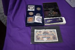 A collection of World Coins, Medallions and Banknote including Silver Dollar, 1937 Crown, The