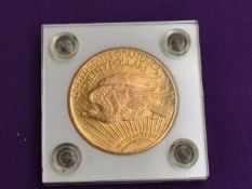 A 1926 USA Saint-Gaudnes 20 Dollar Gold Double Eagle Coin, in plastic mount