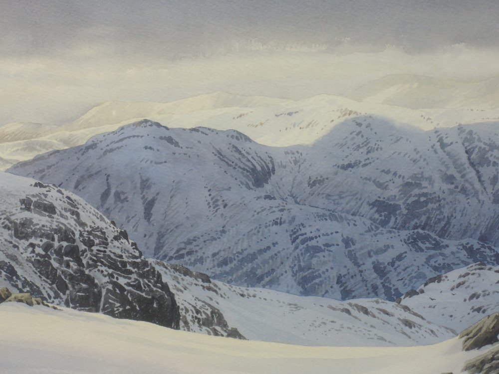 A watercolour, J Ingham Riley, Snow scene Coniston Fells, signed and attributed verso, 33 x 52cm,