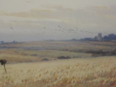 A watercolour, Reginald Aspinwall, The Harvest Field, signed and attributed verso, 13 x 25cm, plus