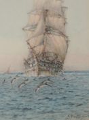 A watercolour, William Woodhouse, galleon at sea, signed, 23 x 18cm, plus frame and glazed