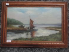 An oil painting, estuary sailing smack, 27 x 44cm, plus frame