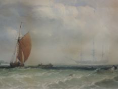 A watercolour, in the style of Thomas Bush Hardy, coastal ships and windmill, C19th, 28 x 54cm, plus