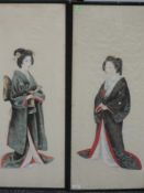 A pair of fabric paintings, Japanese geisha, early C2oth, 80 x 33cm, plus frame