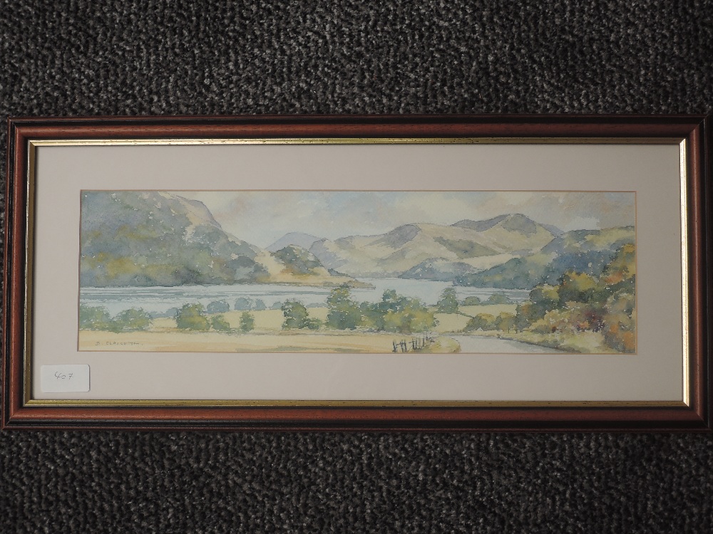 A watercolour, Barry Claughton, Ullswater, signed, 12 x 42cm, and a watercolour, Barnsley, woodland,