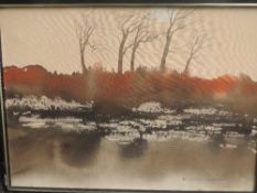 An oil painting, Richard Akerman, winter trees, signed, 55 x 75cm, plus frame and glazed