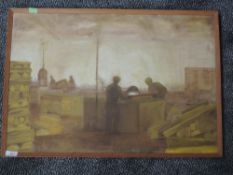 An oil painting on board, ironworks, 43 x 64cm, plus frame