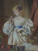 A watercolour, Edward Radford, period lady admiring flower, dated 1872, 28 x 19cm, plus frame and