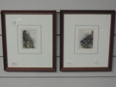 A pair of watercolours, Gail Lodge, cottagers, signed and dated 1988, 9 x 6cm, plus frame and