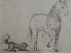 A pen and ink sketch, attributed to Harriet Anne Seymour, dog and horse, 9 x 11cm, plus frame and