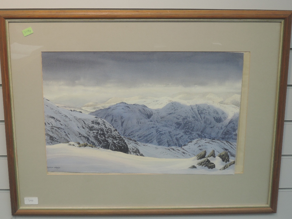 A watercolour, J Ingham Riley, Snow scene Coniston Fells, signed and attributed verso, 33 x 52cm, - Image 2 of 2