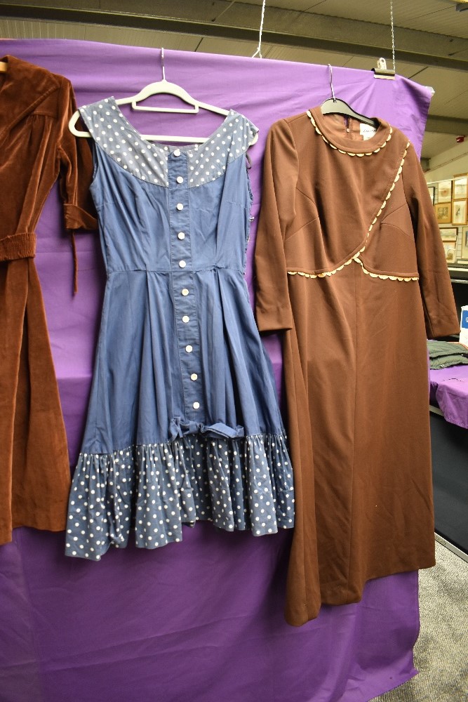 Four vintage dresses including blue 1950s with polka dot accents and 1970s brown velvet with belt. - Image 2 of 4