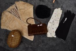 A mixed lot of vintage and antique items including wicker bag, two pairs of gloves,cream stole and