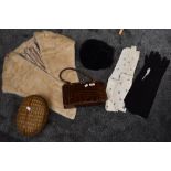 A mixed lot of vintage and antique items including wicker bag, two pairs of gloves,cream stole and