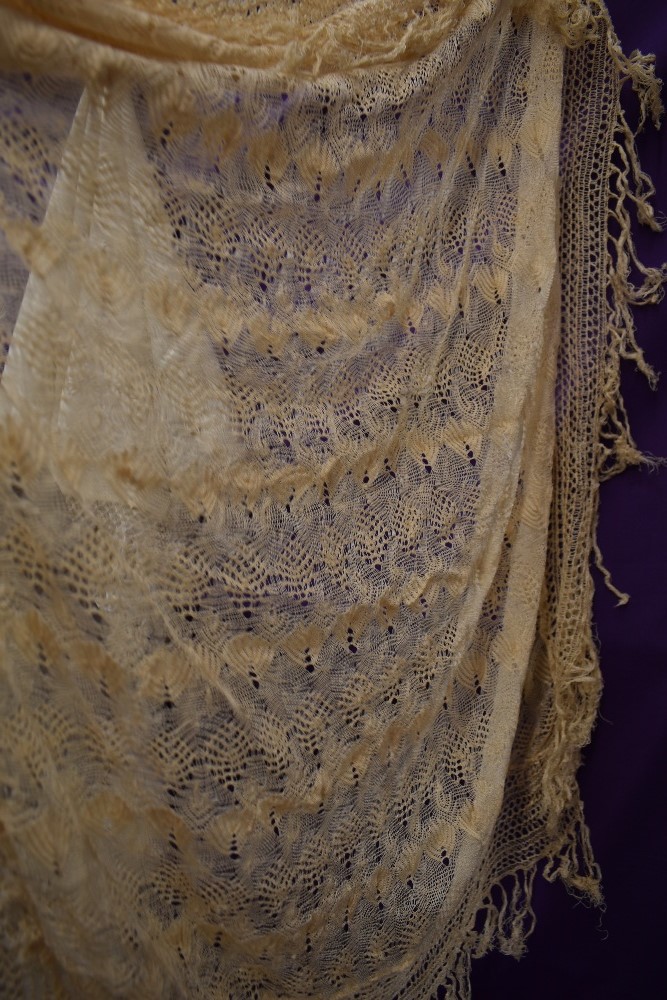 A collection of vintage and antique shawls including mint green fringed shawl,another of silk having - Image 6 of 6