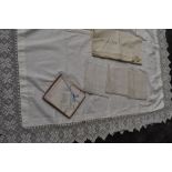 A selection of vintage and antique items including crotchet edged table cloth(some damage to section