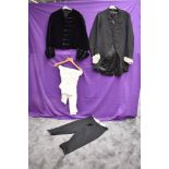 A collection of gents antique clothing including tailcoat with lace ruffled cuffs and navy blue