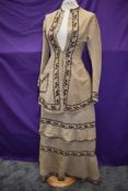 A stunning Edwardian two piece linen outfit with contrasting wool embroidery,ruffle to skirt and