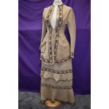 A stunning Edwardian two piece linen outfit with contrasting wool embroidery,ruffle to skirt and