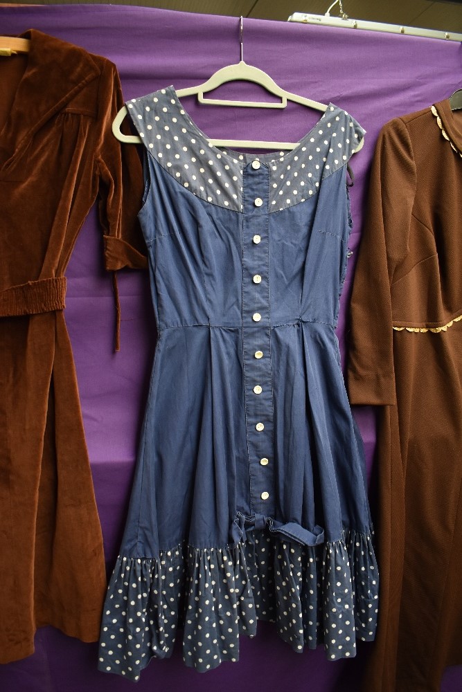 Four vintage dresses including blue 1950s with polka dot accents and 1970s brown velvet with belt. - Image 4 of 4