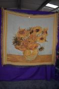 A Metrax-crape Flemish tapestry wool hanging or throw having bright sunflower pattern.