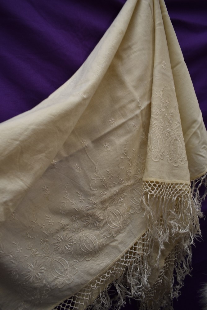 A collection of vintage and antique shawls including mint green fringed shawl,another of silk having - Image 5 of 6