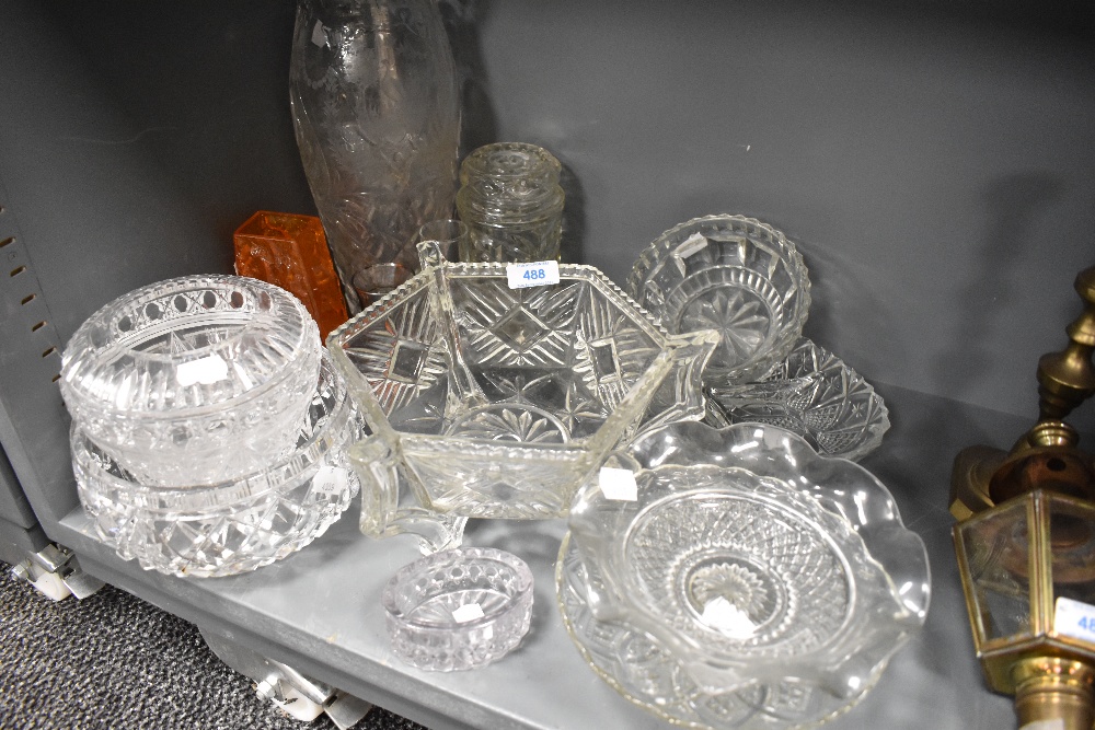 A selection of cut and etched glass wares including White Friars style and large Victorian vase
